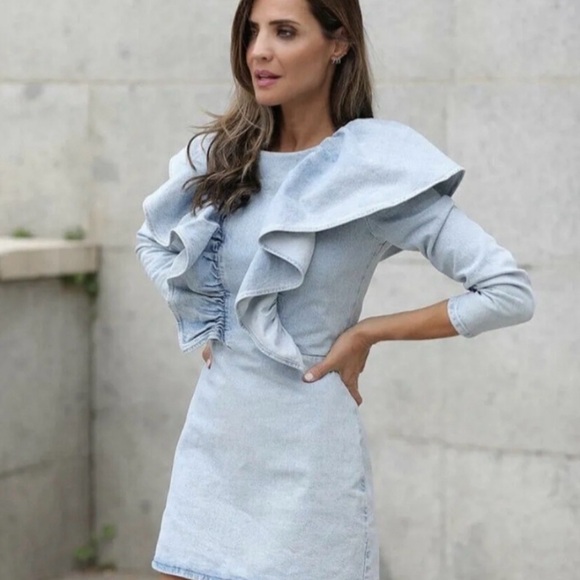Zara Light Blue Ruffled Denim Mini Dress